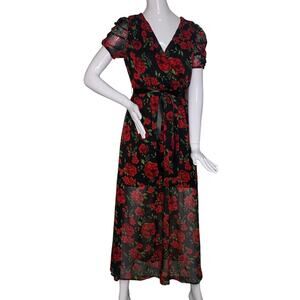 Disney Pixar Coco Sheer Floral Print Dress Black Red Green Short Sleeve …